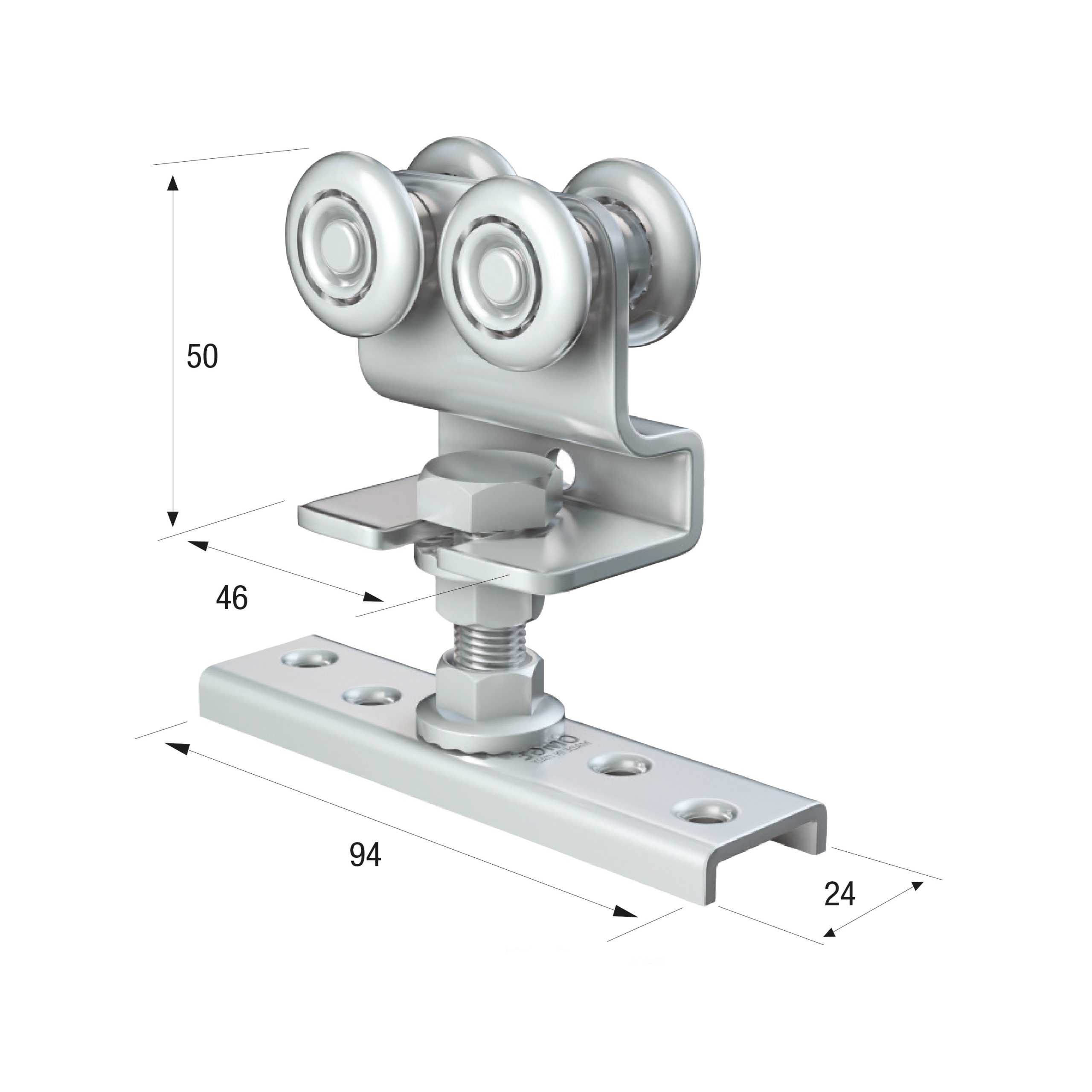 Series 20 Double Axle Steel Wheel Hanger With Cranked Mounting Plate, 45Kg Capacity