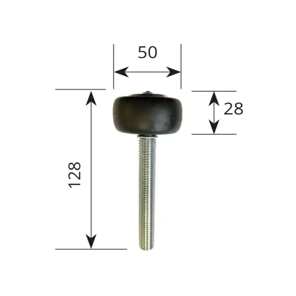 Series 50mm Diameter Rubber Wheel Bottom Guide Roller, On M14 Shaft c/w 2 x M14 Nut