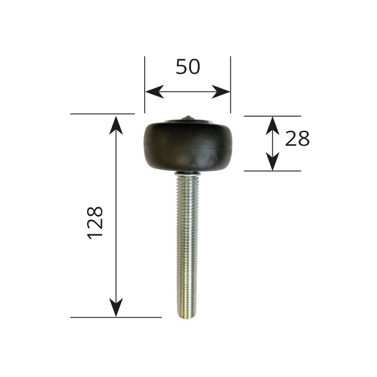 Series 50mm Diameter Rubber Wheel Bottom Guide Roller, On M14 Shaft c:w 2 x M14 Nut