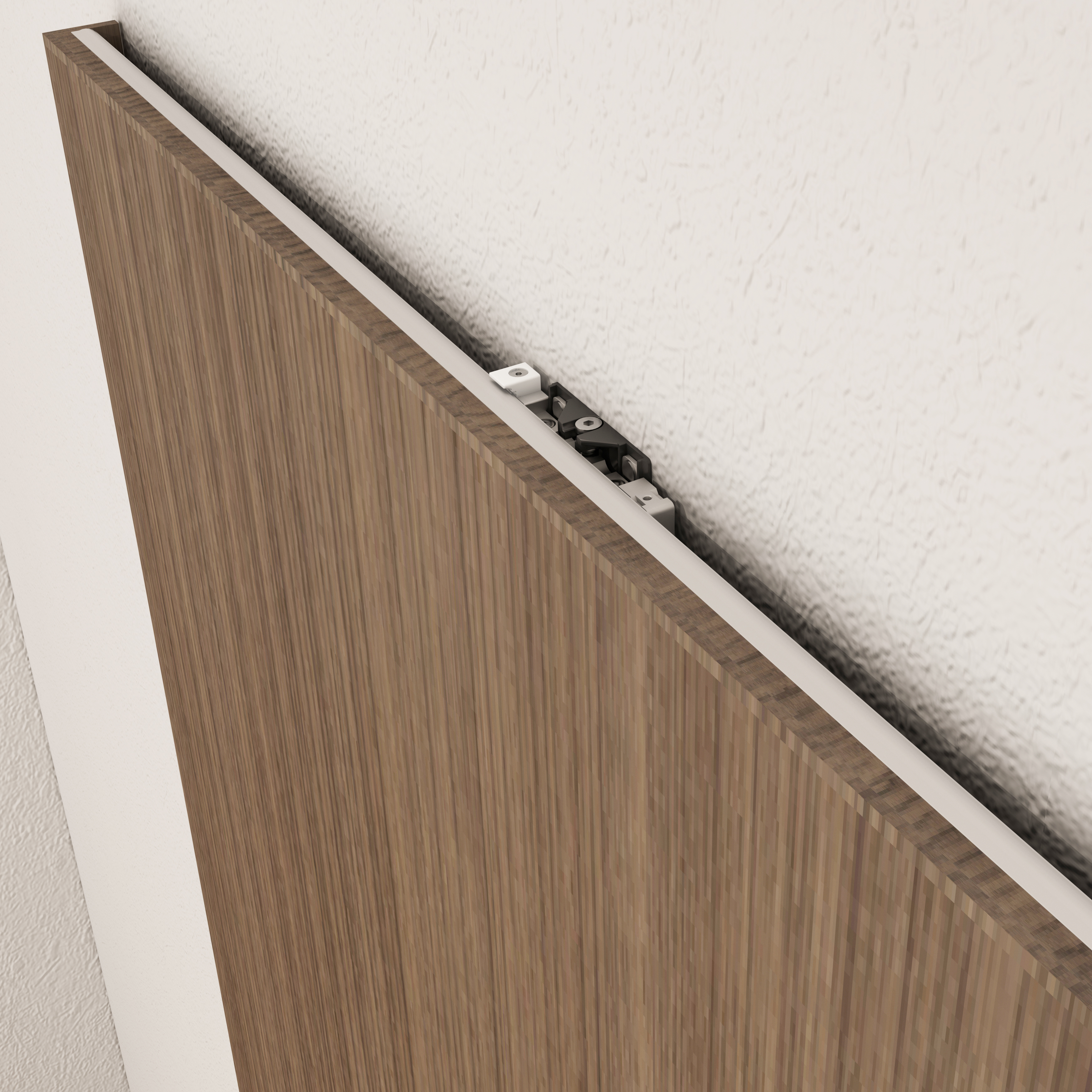 Sliding door hardware roller mechanism and track system close-up detail