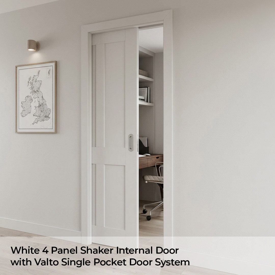 Pocket door system with 4 Shaker door lifestyle