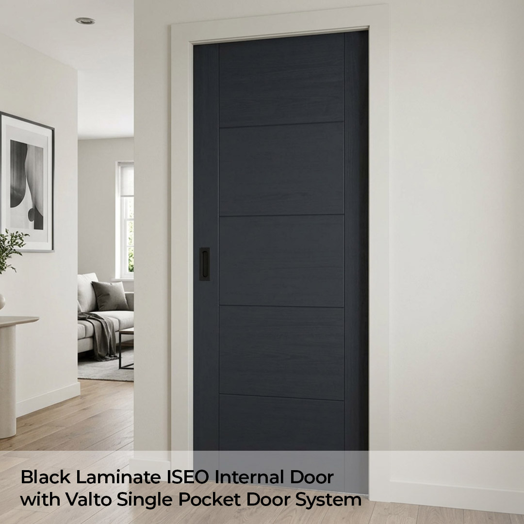 Pocket door system with Black Laminate ISEO door