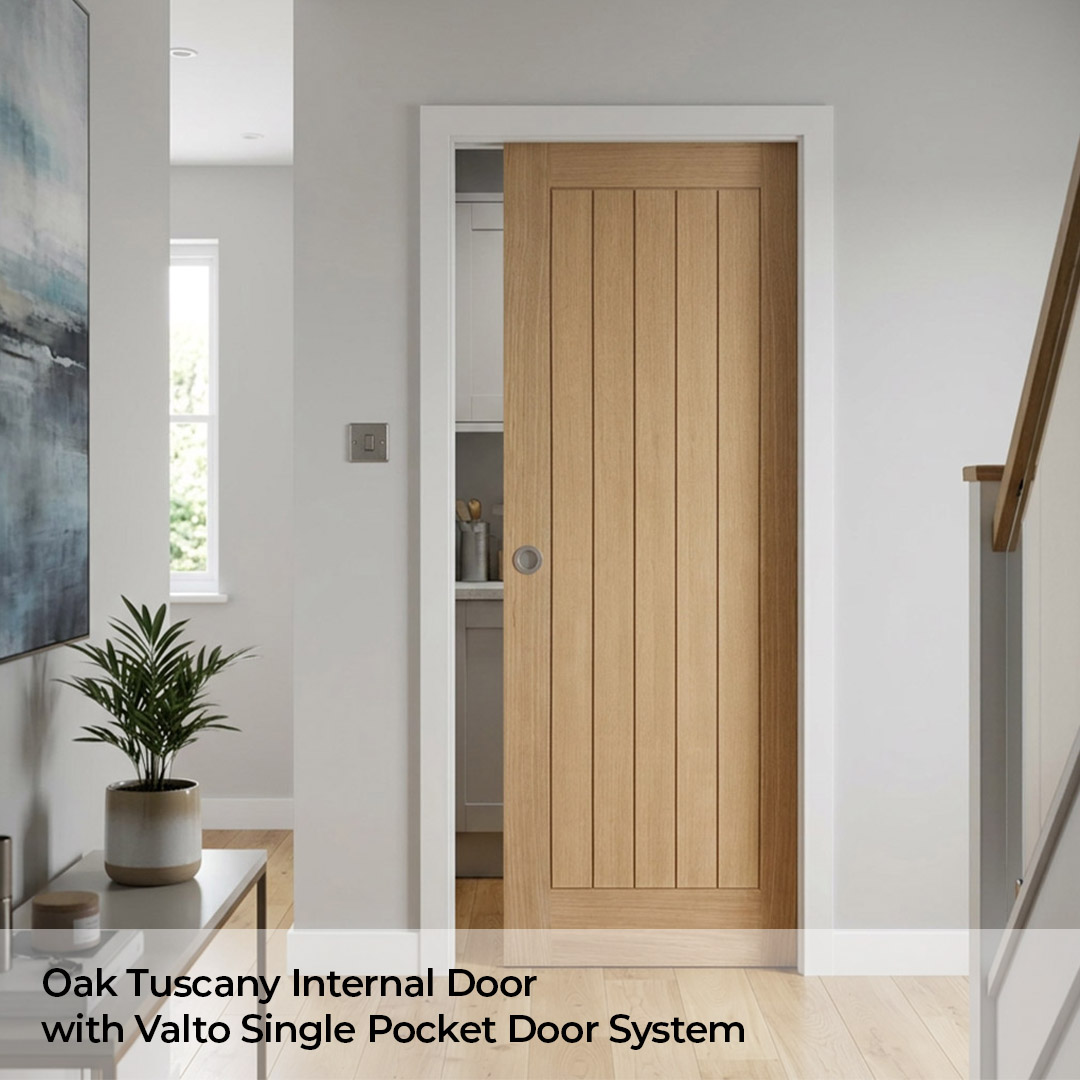 Pocket door system with Tuscany Oak door lifestyle